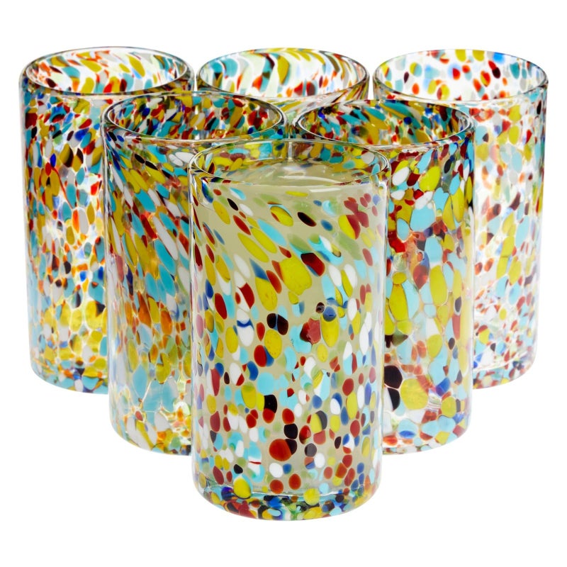 Okuna Outpost Hand Blown Mexican Glassware - Confetti Hand Blown Glasses for Cocktails & Beverages - Reusable Rock Tumblers & Handblown Drinkware - Pack of 6, 14 oz, Multicolor - Image 5